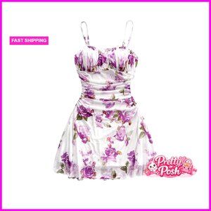 Floral Print Ruched Cami Dress Spaghetti Strap Ruffle Hem Mesh Mini